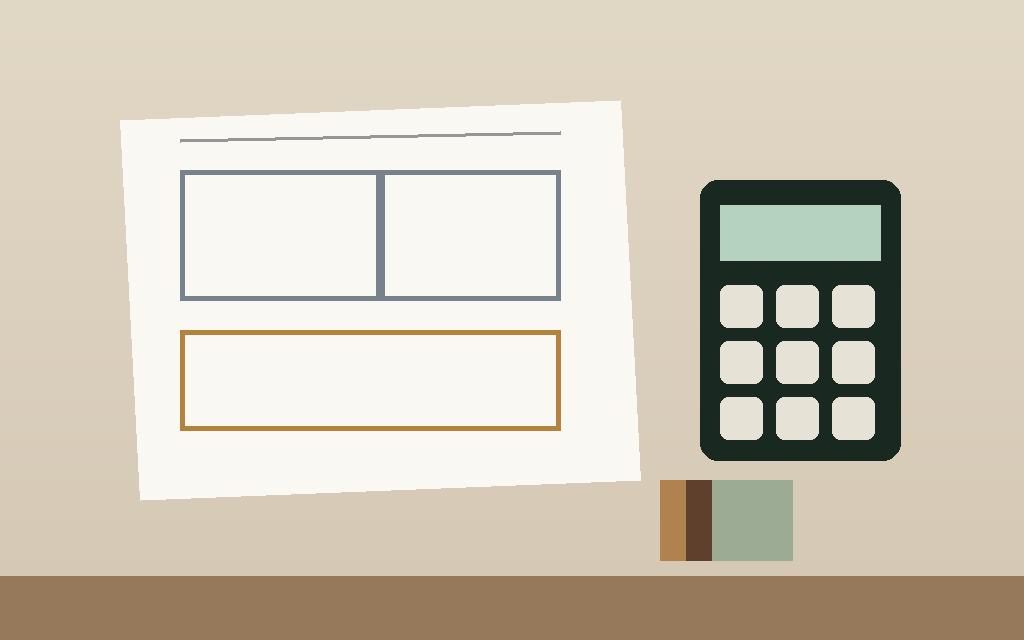 Kitchen cabinet drawings, calculator and laminate samples on a workbench
